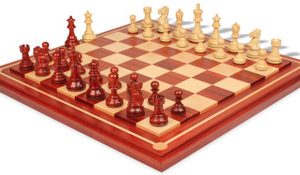 Deluxe Old Club Staunton Chess Set Padauk & Boxwood Pieces with Mission Craft Padauk Chess Board - 3.75 King