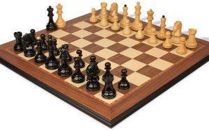 Dubrovnik Series Chess Set High Gloss Black & Boxwood Pieces with Walnut & Maple Molded Edge Board- 3.9 King