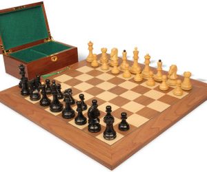 Dubrovnik Staunton Chess Set Ebonized & Boxwood Pieces with Walnut & Maple Deluxe Board & Box - 3.9 King