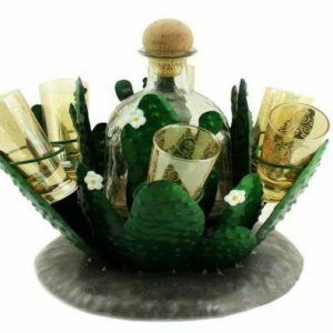 Ebros Cactus Whisky Liquor Hand Made Metal Bottle And Shot Glass Holder 8.25"H