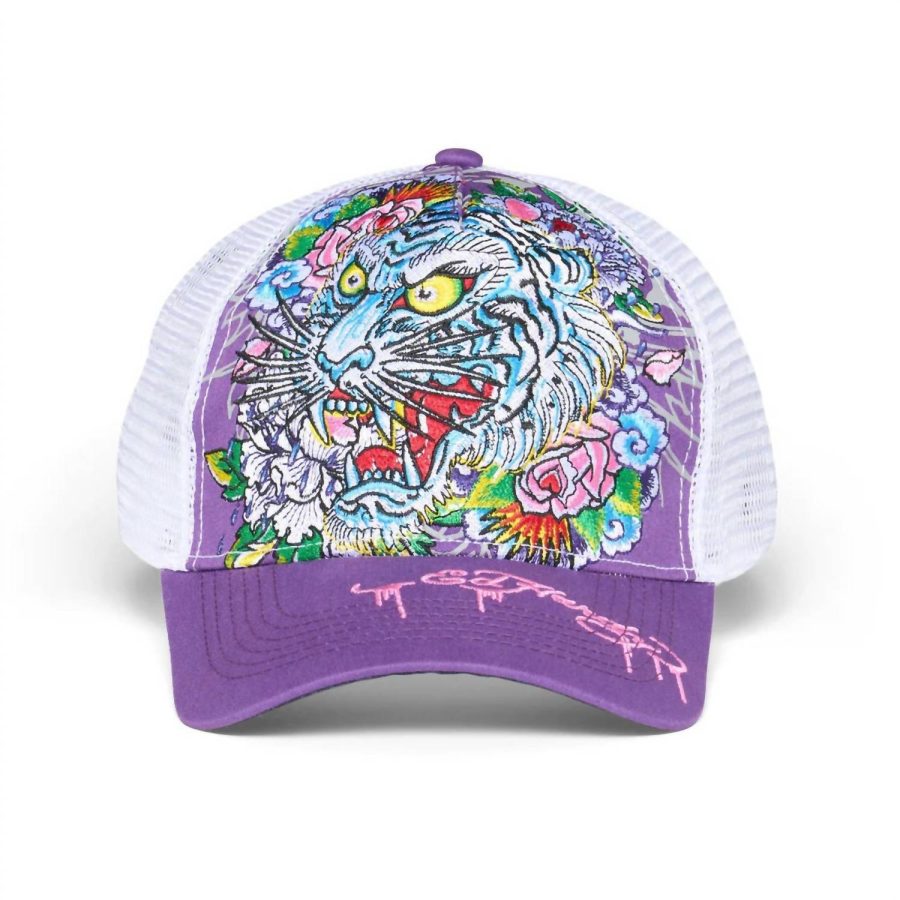 Ed Hardy men's embroidered floral tiger hat in Purple/White - size One Size