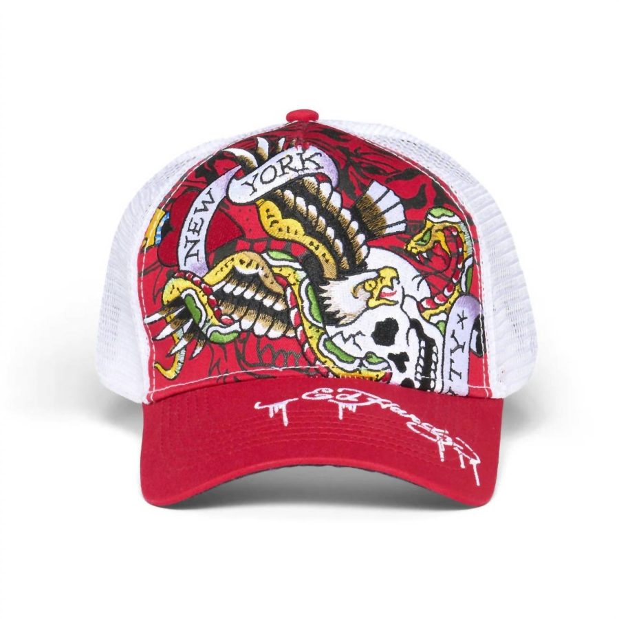 Ed Hardy men's embroidered ntc eagle hat in Cherry/White - size One Size