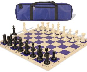 Executive Carry-All Plastic Chess Set Black & Ivory Pieces with Vinyl Rollup Board - Blue