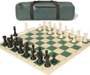 Executive Carry-All Plastic Chess Set Black & Ivory Pieces with Vinyl Rollup Board - Green