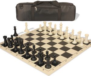 Executive Carry-All Plastic Chess Set Black & Ivory Pieces with Vinyl Rollup Board & Bag - Black