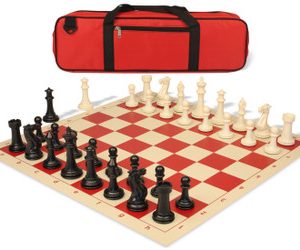 Executive Large Carry-All Plastic Chess Set Black & Ivory Pieces with Vinyl Roll-up Board & Bag - Red