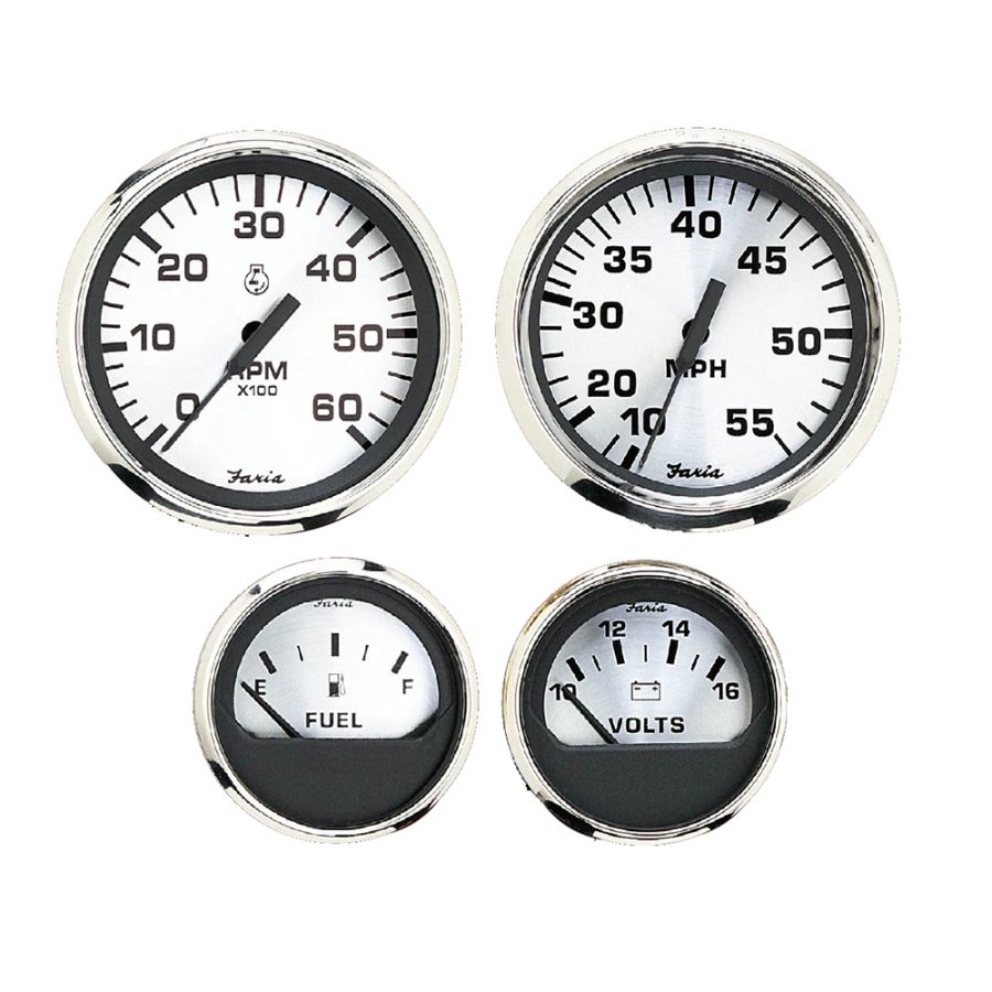 FARIA KTF0182 SPUN SILVER BOX SET OF 4 GAUGES F/OUTBOARD ENGINES - SPEEDOMETER, TACH, VOLTMETER & FUEL LEVEL