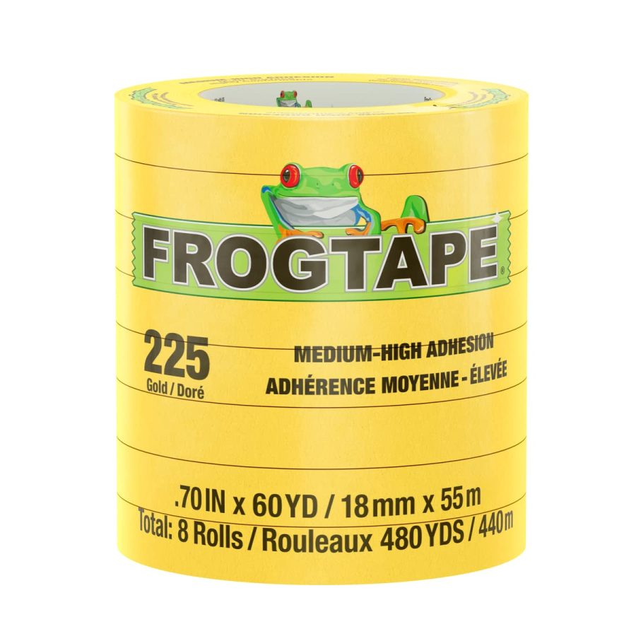 FROGTAPE 105319 225 Gold Moderate Temperature Performance Grade Masking Tape, Medium-High Adhesion, 18mm x 55m, 8 rolls per pack