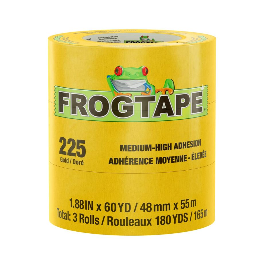 FROGTAPE 105322 225 Gold Moderate Temperature Performance Grade Masking Tape, Medium-High Adhesion, 48mm x 55m, 3 rolls per pack