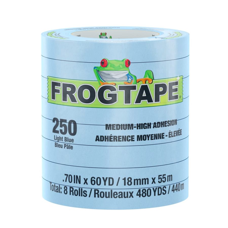 FROGTAPE 105326 250 Light Blue Moderate Temperature Performance Grade Masking Tape, Medium-High Adhesion, 18mm x 55m, 8 rolls per pack