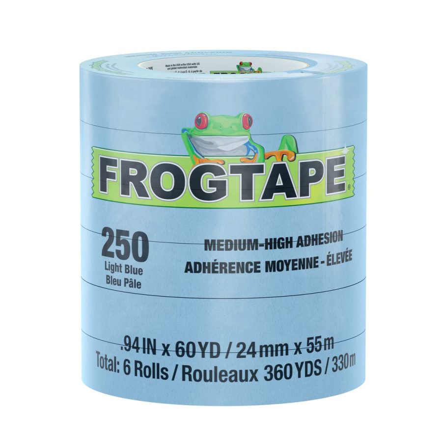 FROGTAPE 105327 FROGTAPE 250 Light Blue Moderate Temperature Performance Grade Masking Tape, Medium-High Adhesion, 24mm x 55m, 6 Rolls per Pack