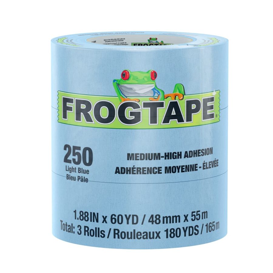 FROGTAPE 105329 250 Light Blue Moderate Temperature Performance Grade Masking Tape, Medium-High Adhesion, 48mm x 55m, 3 rolls per pack