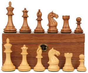 Fierce Knight Staunton Chess Set Acacia & Boxwood Pieces with Deluxe Tiger Ebony Board & Box - 4 King