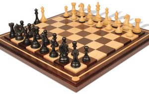 Fierce Knight Staunton Chess Set Ebony & Boxwood Pieces with Walnut Mission Craft Chess Board - 3.5 King