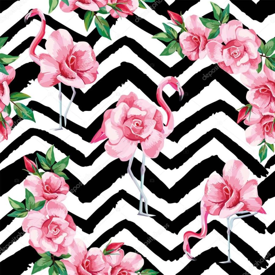 Flamingo roses seamless pattern black white zigzag background