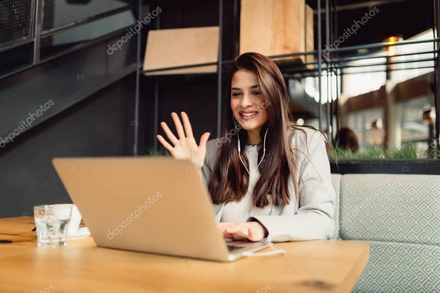 Girl making a video call online on the internet.