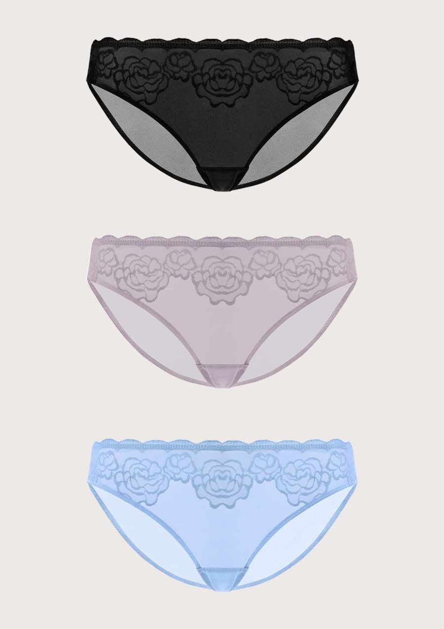 HSIA Retro Rose-patterned Lace Bikini Underwear 3 Pack - S / Black+Blue+Purple