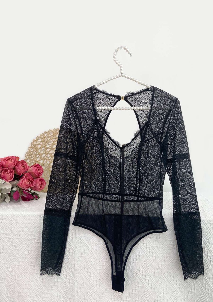 HSIA Stylish Long Sleeve Lace Teddy: Sexy and Sensual Lingerie - S / Black