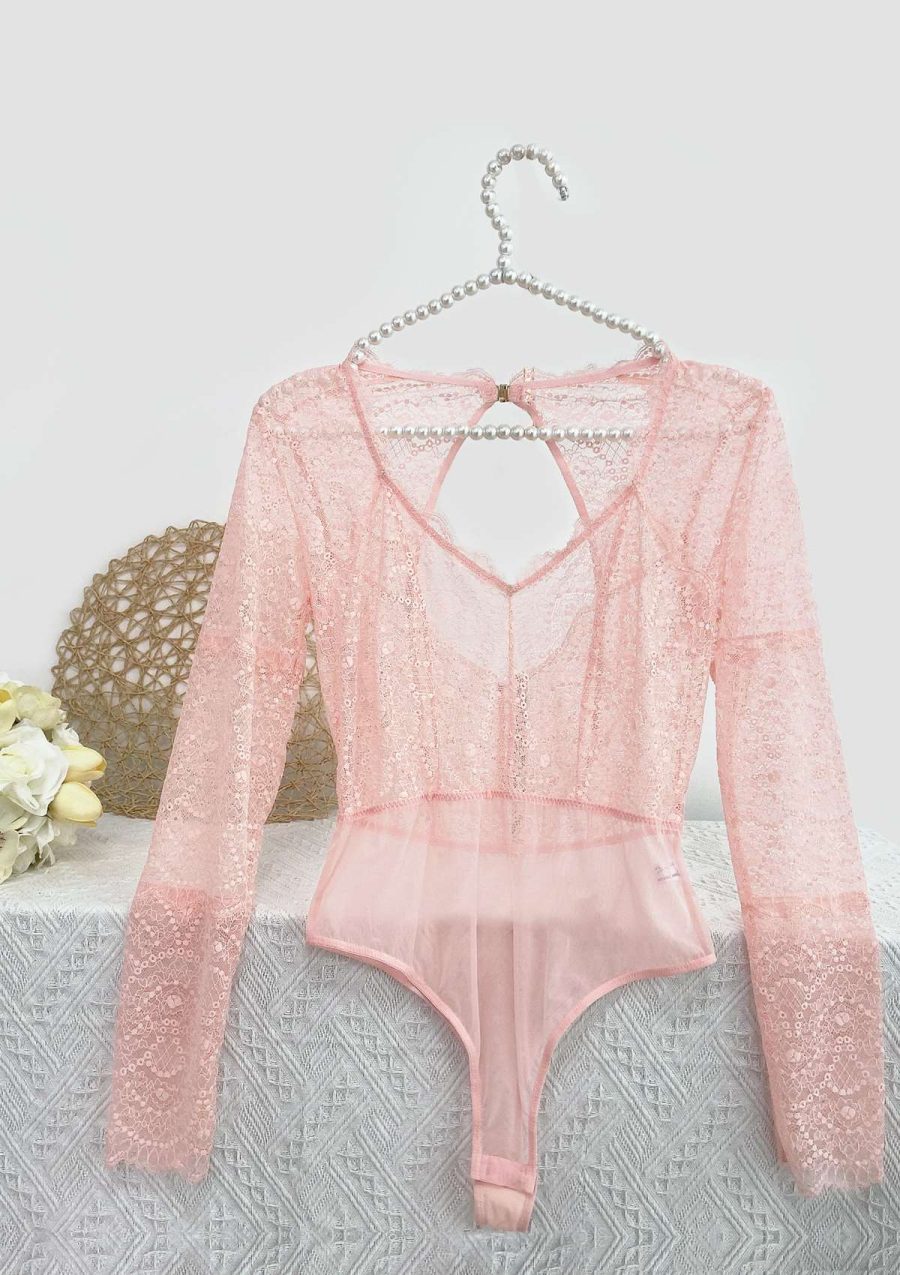 HSIA Stylish Long Sleeve Lace Teddy: Sexy and Sensual Lingerie - S / Pink