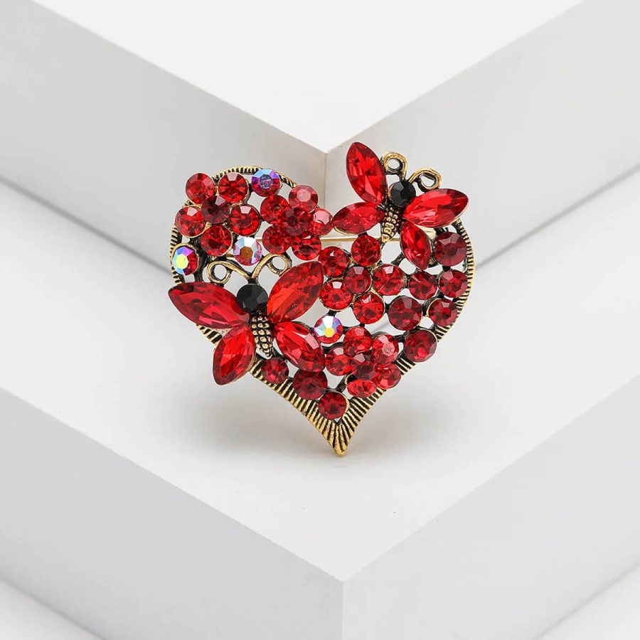 Heart Brooch With Artificial Gemstone Butterflies and Rhinestones