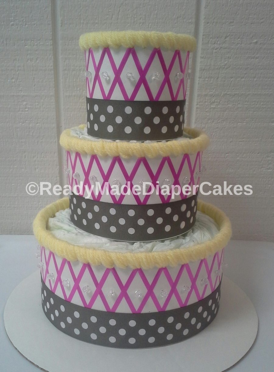 Hot Pink Grey and Yellow Themed Baby Girl Shower Decor 3 Tier Beaded Diaper Cake