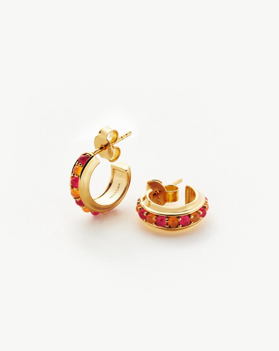 Hot Rox Gemstone Mini Hoop Earrings | 18k Gold Vermeil/Pink Quartz & Peach Chalcedony