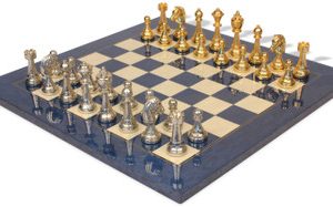 Italian Arabesque Staunton Gold & Sliver Chess Set With Blue Ash Burl & Erable High Gloss Chess Board