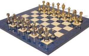 Italian Arabesque Staunton Metal Chess Set with Blue Ash Burl Chess Board