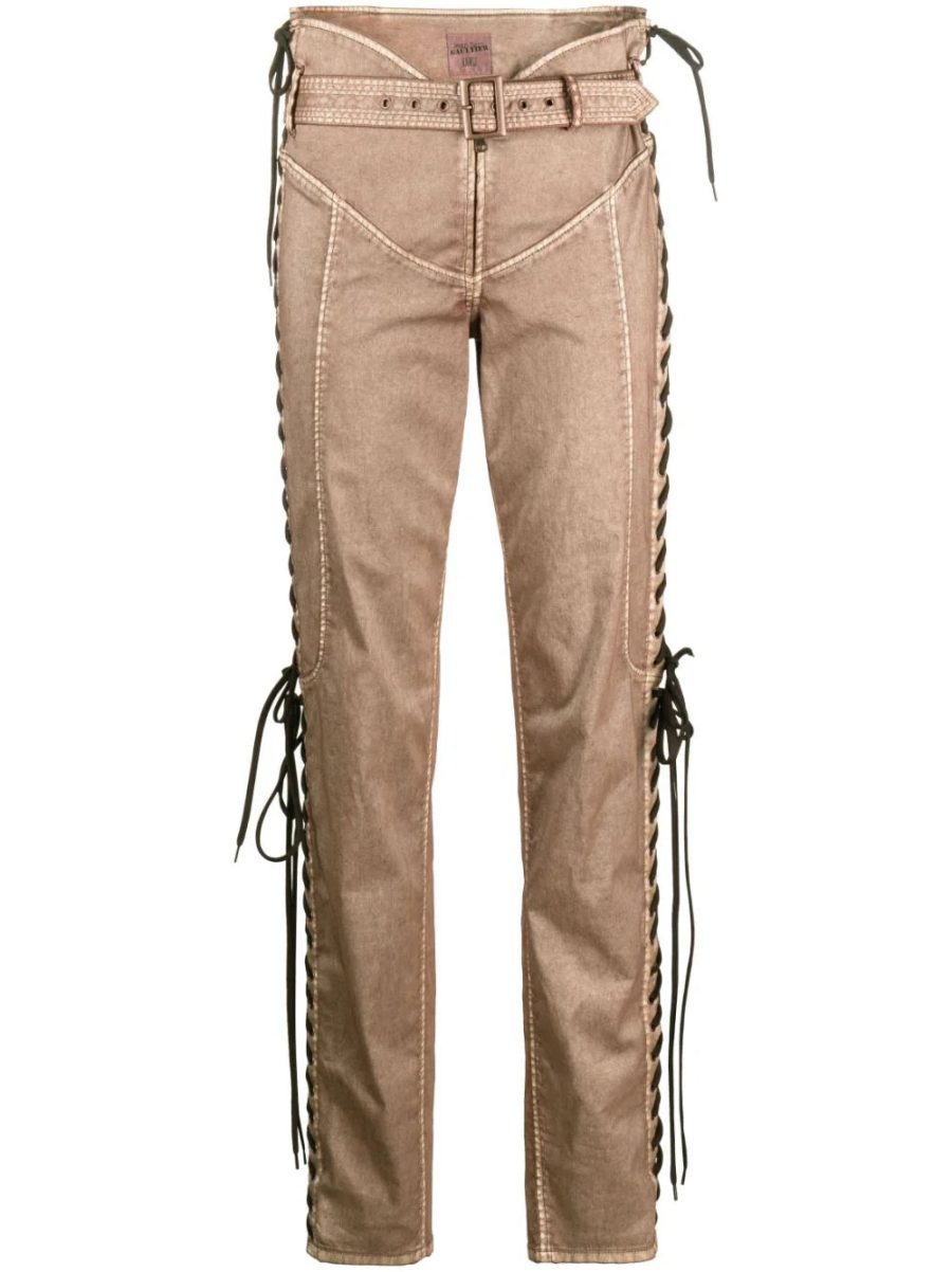 JEAN PAUL GAULTIER WOMEN Low Waist Laced Straight Trousers Light Brown