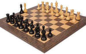 Leningrad Staunton Chess Set Ebonized & Boxwood Pieces with Deluxe Tiger Ebony & Maple Board - 4 King