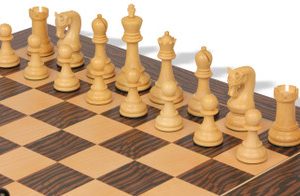 Leningrad Staunton Chess Set Ebonized & Boxwood Pieces with Tiger Ebony Board & Box - 4 King