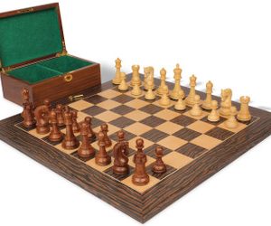 Leningrad Staunton Chess Set Golden Rosewood & Boxwood Pieces with Tiger Ebony Board & Box - 4 King