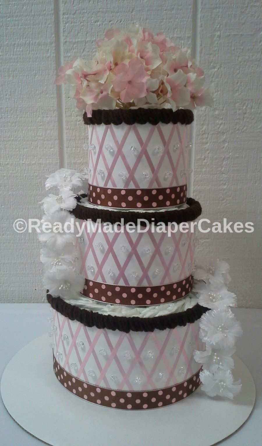 Light Pink and Brown Elegant Themed Baby Girl Shower 3 Tier Beaded Diaper Cake