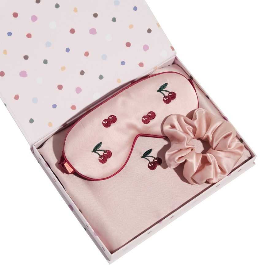 "Lost Cherries" 3 Piece Silk Gift Set - Silk Pillowcase & Silk Sleep Eye Mask & Silk Scrunchie