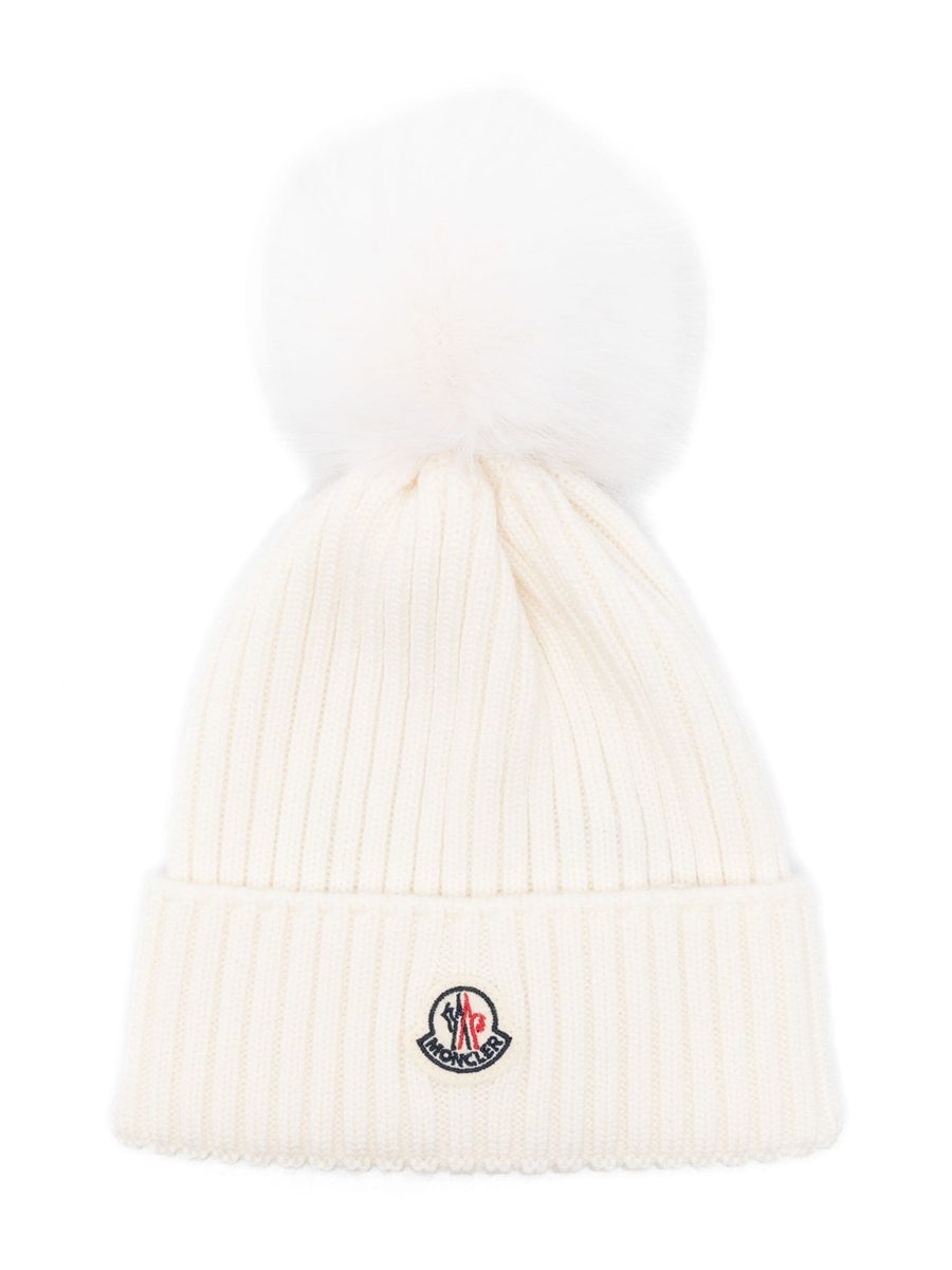 MONCLER KIDS Girls Pompom Ribbed Beanie Ivory White