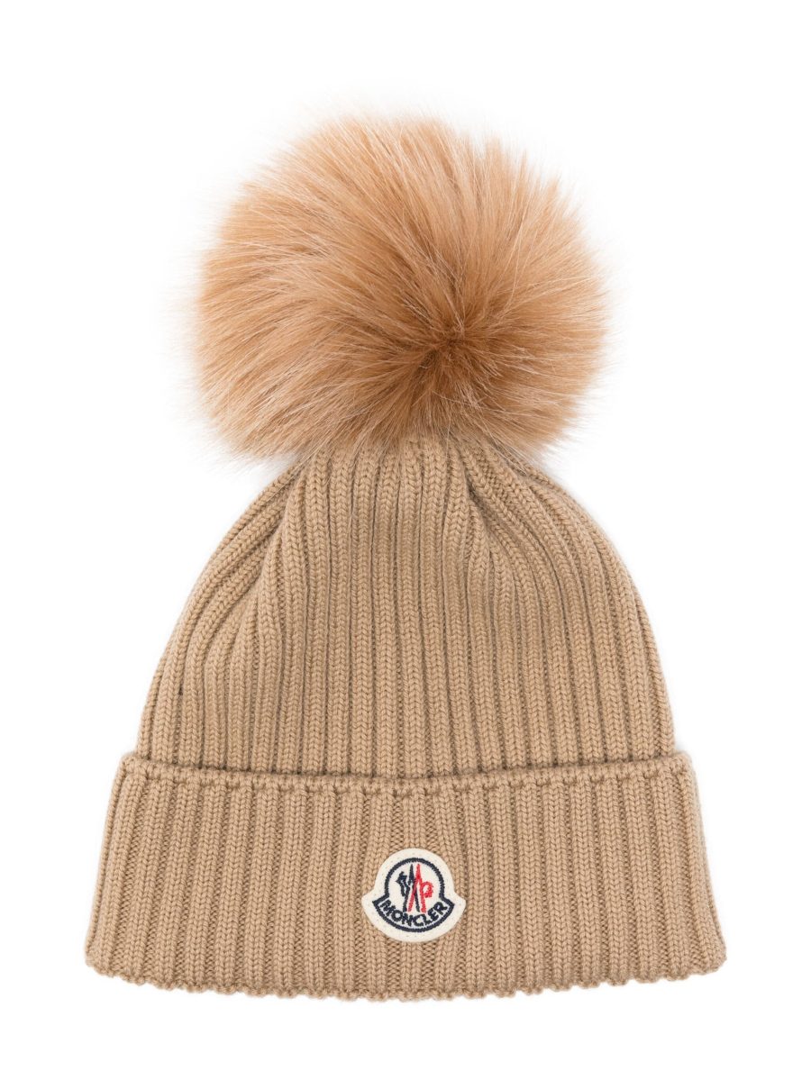 MONCLER KIDS Girls Pompom Ribbed Beanie Sand Beige