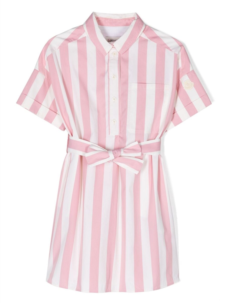 MONCLER KIDS Logo Patch Striped Dress Pink White