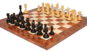 Marengo Staunton Chess Set in Ebony & Boxwood with Elm Burl & Erable Chess Board