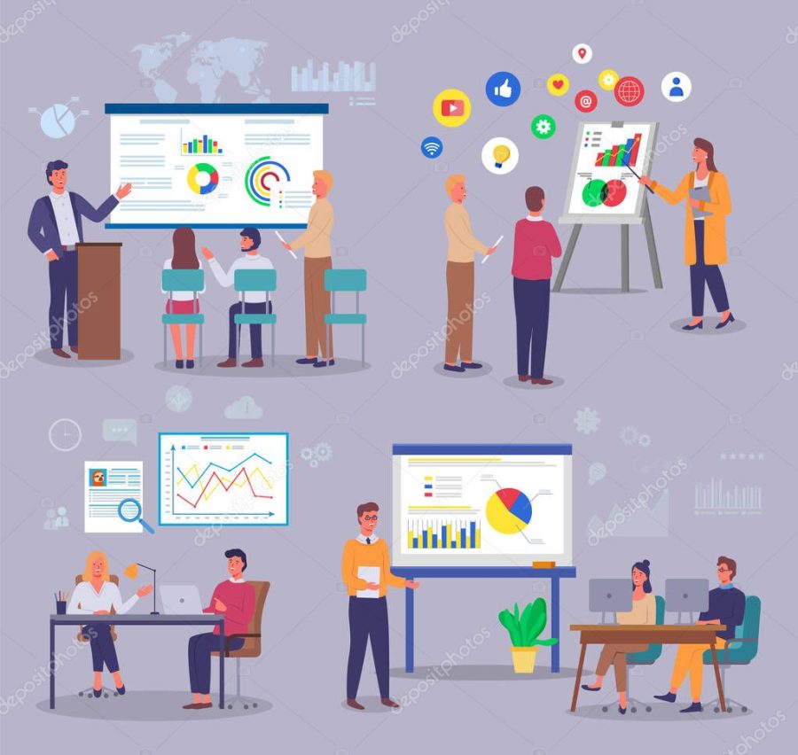 Marketers study analytical data, customer demand, pie and bar charts, charts, graphs. World trade