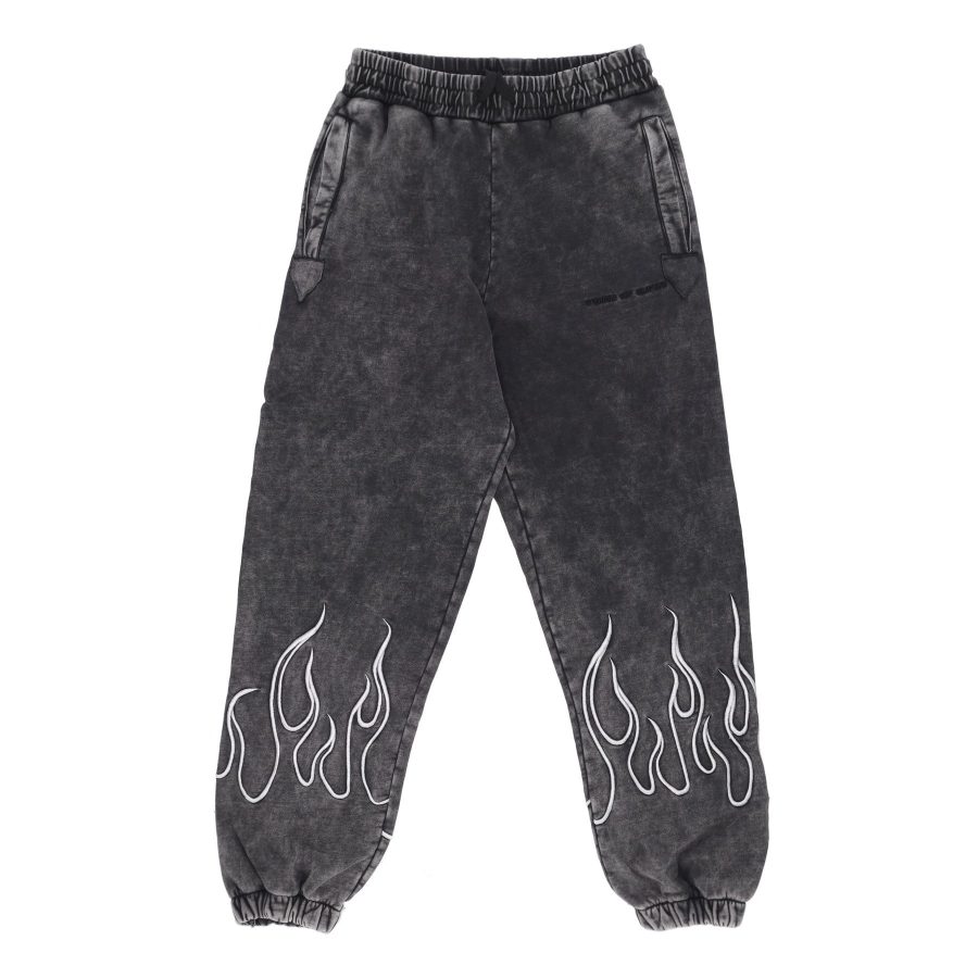 Men's Fleece Tracksuit Pants Embroidered Flames Pants Grey