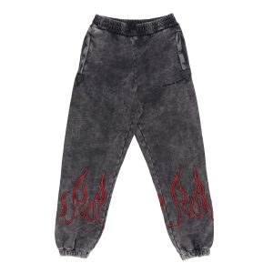 Men's Fleece Tracksuit Pants Embroidered Flames Pants Grey/red