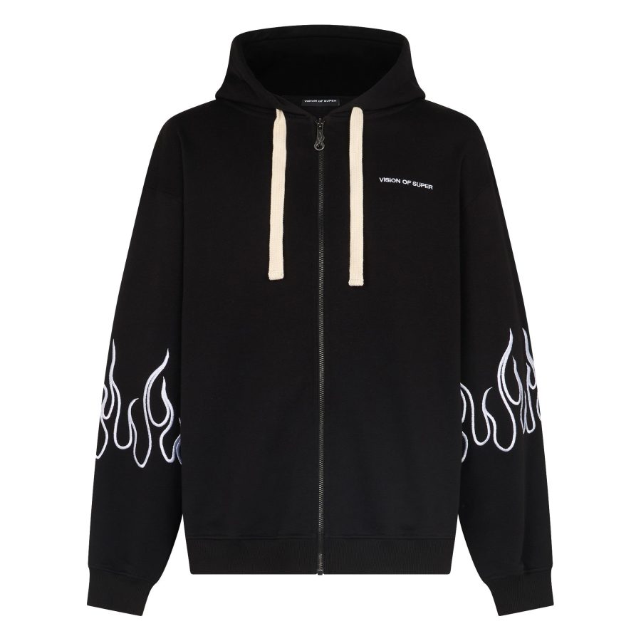 Men's Lightweight Hooded Zip Sweatshirt Embroidered Flames Open Hoodie Black/white