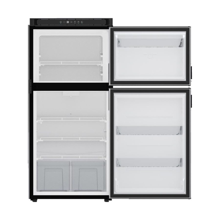 NORCOLD N8DCBKL Refrigerator; Dual Compartment 2 Door Refrigerator With Freezer; Left Hand Hinge/ Reversible To Right Hand Hinge; 8 Cubic Foot; 52-7/8 Inch Height x 23-1/2 Inch Width x 24 Inch Depth Cutout Dimensions; 5 Amp/ 12 Volt DC; DC (Direct Curren