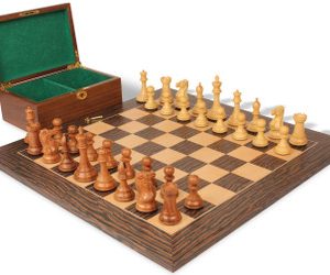 New Exclusive Staunton Chess Set Acacia & Boxwood Pieces with Deluxe Tiger Ebony Board & Box - 4 King