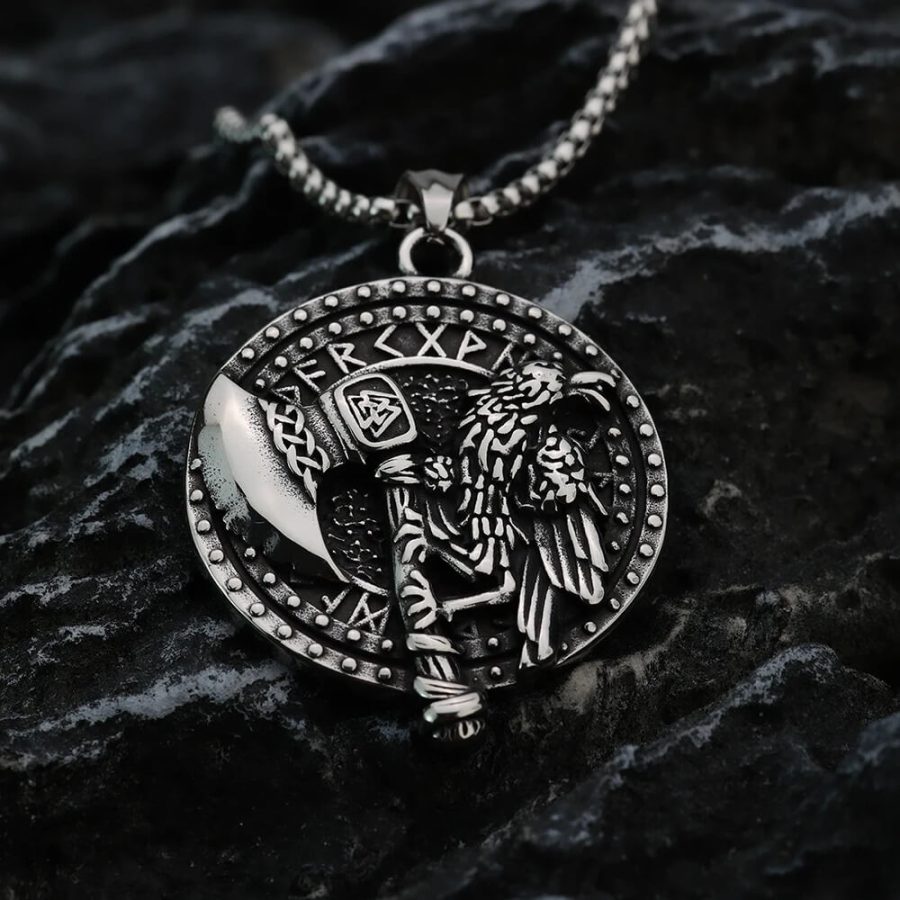 Nordic Rune Viking Axe Crow Pendant Necklace Stainless Steel