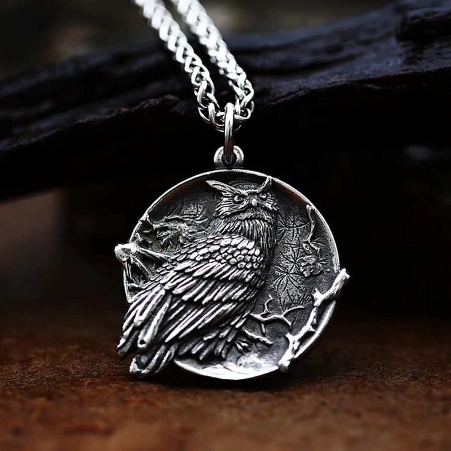 Owl On A Tree Branch Stainless Steel Pendant Necklace