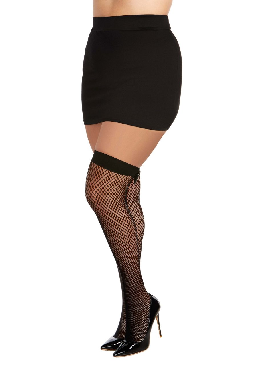 Plus Size Women's Black Diamond Net Thigh High Stockings