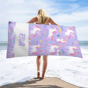 Purple Happy Unicorn Flowers Custom Beach Towel - Aperturee