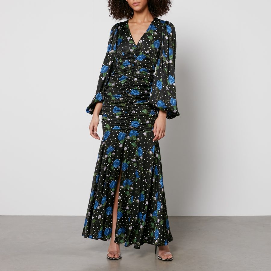 Rotate Birger Christensen Printed Ruched Satin Maxi Dress - DK 42/UK 14