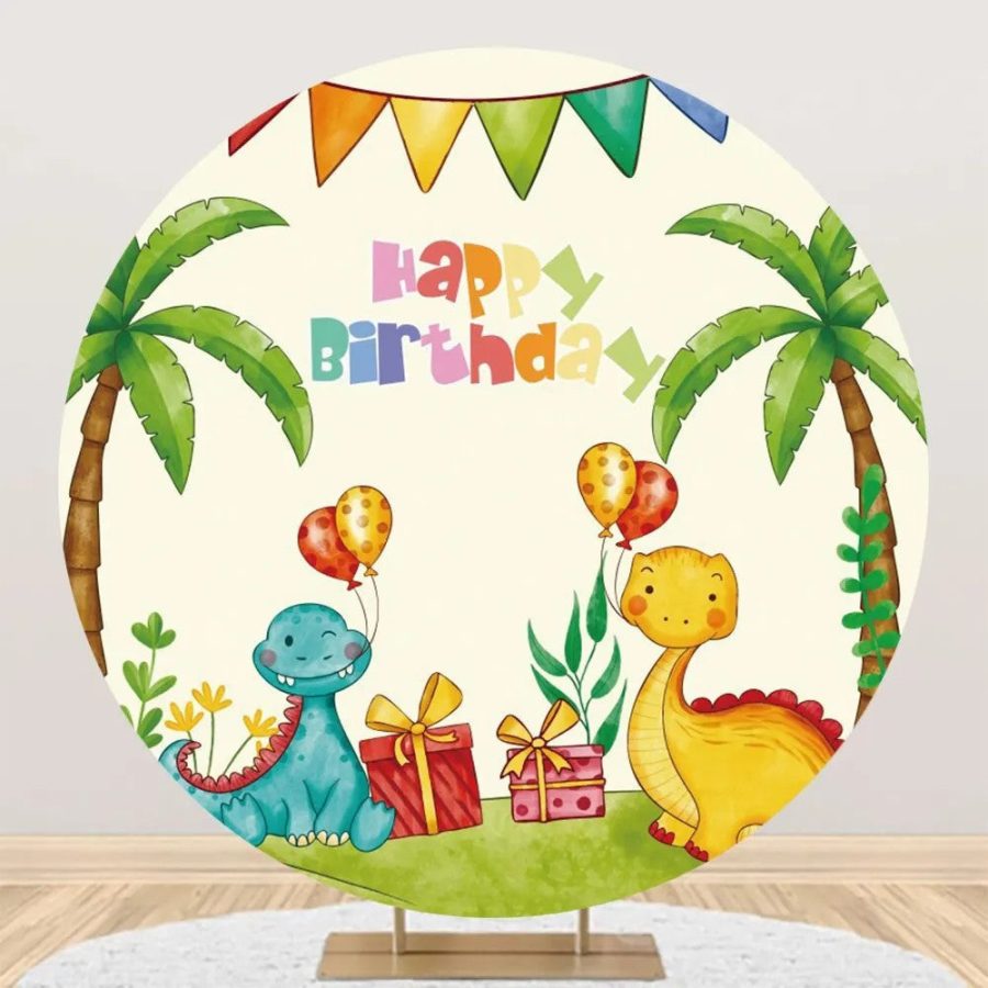 Round Palm Trees Gifts Dinosaurs Birthday Backdrop - Aperturee